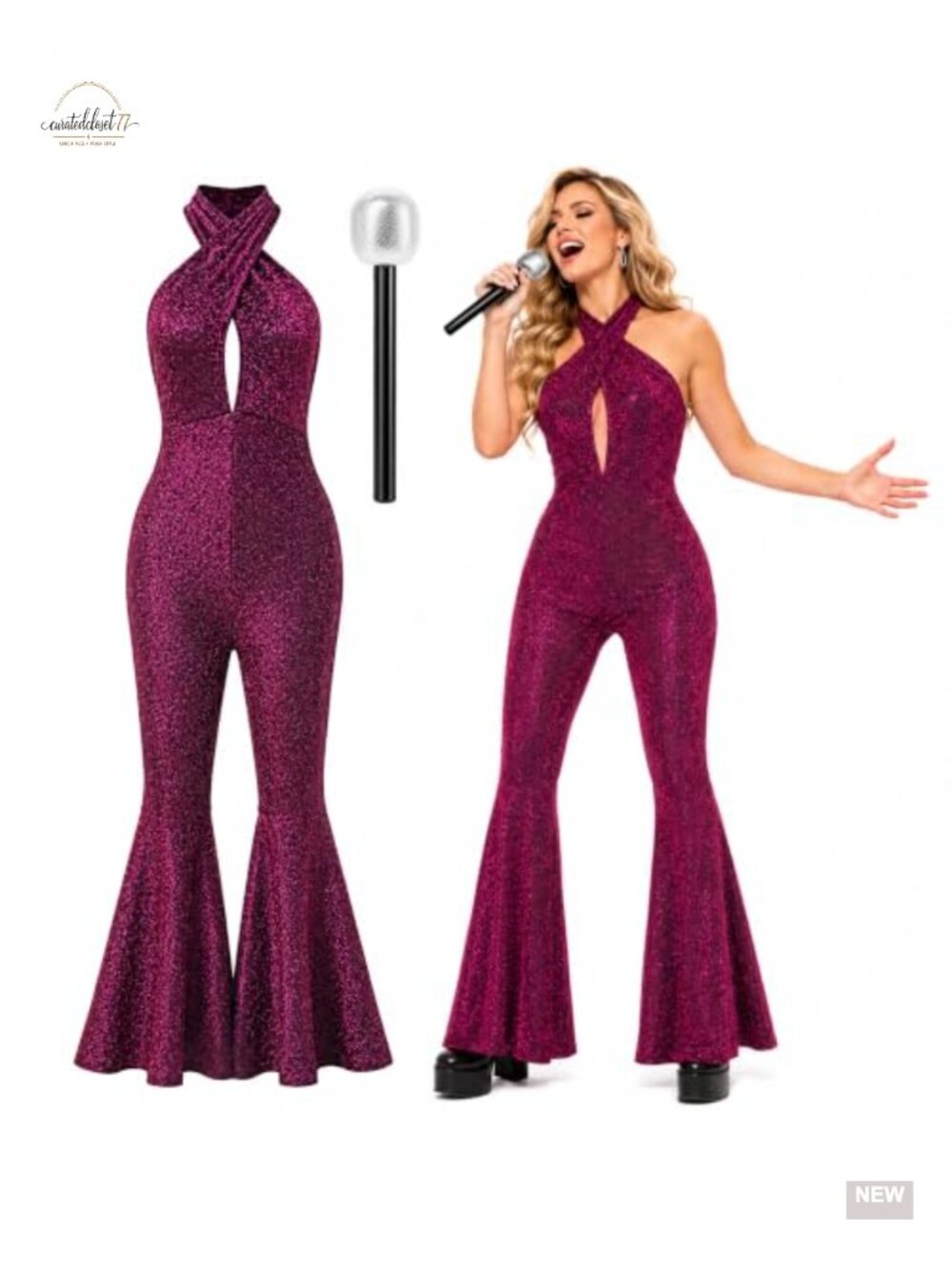 Women Sequin Jumpsuit Costume with Microphone Flared Leg Bodysuit Halloween